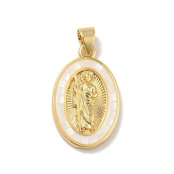 Brass Charms, with Shell, Cadmium Free & Lead Free, Long-Lasting Plated, Oval with Virgin Mary, Real 18K Gold Plated, White, 22.5x14x3.5mm, Hole: 3.5x3mm