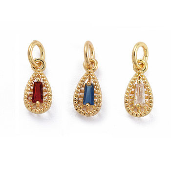 Brass Micro Pave Cubic Zirconia Pendants, with Jump Ring, Teardrop, Golden, Mixed Color, 11x5x3mm, Hole: 3mm