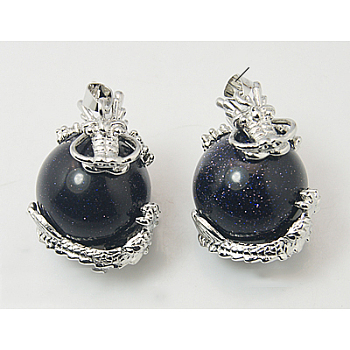 Synthetic Blue Goldstone Pendants, with Brass Findings, Dragon with Round, 27x22mm, Hole: 5mm