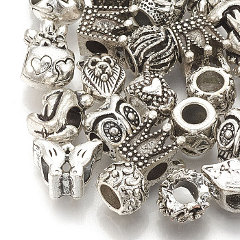 Alloy European Beads, Large Hole Beads, Mixed Shape, Antique Silver, 10~14x8~13x7~10mm, Hole: 4~5mm