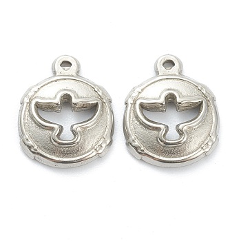 304 Stainless Steel Pendants, Flat Round with Hollow Bird, Stainless Steel Color, 14x11.5x2.5mm, Hole: 0.7mm