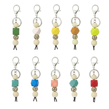 Dyed Natural Wood Beaded Pendant Keychain, with Alloy Findings and Cotton Thread, for Woman Bag Car Key Decoration, Mixed Color, 13cm