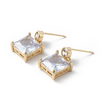 Clear Cubic Zirconia Square Dangle Stud Earrings, Brass Jewelry for Women, Cadmium Free & Lead Free, Real 18K Gold Plated, 19.5mm, Pin: 0.7mm