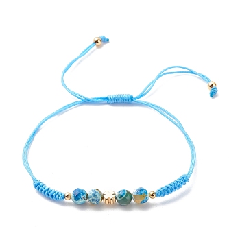 Natural Agate & Brass Clover Beaded Cord Bracelet, Gemstone Braided Adjustable Bracelet for Women, Deep Sky Blue, Inner Diameter: 7/8~3-5/8 inch(2.1~9.3cm)