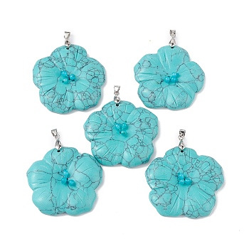 Synthetic Turquoise Big Pendants, Peach Blossom Charms, with Platinum Plated Alloy Snap on Bails, 57x48x9mm, Hole: 6x4mm