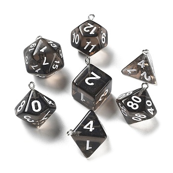 7Pcs 7 Styles Transparent Resin Polyhedral Dice Pendants Set, Multi-Sided Dice Charms with Platinum Plated Iron Loops, Mixed Shapes, Black, 20~28x19~24x17~24mm, Hole: 2mm, 1pc/style