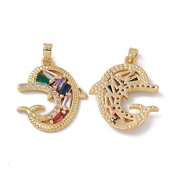 Brass Cubic Zirconia Pendants, Dolphin Charm, Real 18K Gold Plated, Colorful, 23.5x20.5x3mm, Hole: 2x5mm