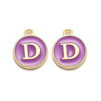 Golden Plated Alloy Enamel Charms, Enamelled Sequins, Flat Round with Alphabet, Letter.D, Purple, 14x12x2mm, Hole: 1.5mm