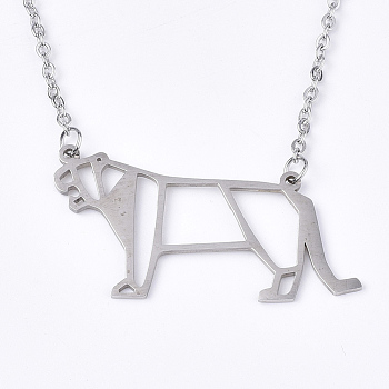 201 Stainless Steel Pendant Necklaces, with Cable Chains, Tiger, Stainless Steel Color, 17.7 inch(45cm), 2mm, Tiger: 21.5x39x1mm