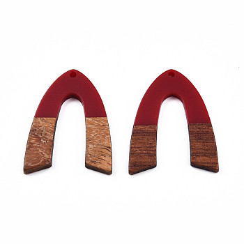 Opaque Resin & Walnut Wood Pendants, V Shape Charm, Dark Red, 38x29x3mm, Hole: 2mm