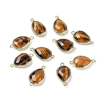 Natural Tiger Eye Links connectors, with Golden Tone Brass Findings, Teardrop, 22x12x5mm, Hole: 1.6mm
