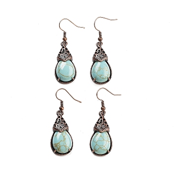 Synthetic Turquoise Teardrop Dangle Earrings, Red Copper Plated Brass Earrings for Women, 48x15mm