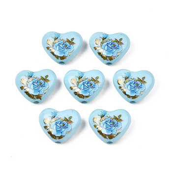 Flower Printed Opaque Acrylic Heart Beads, Sky Blue, 16x19x8mm, Hole: 2mm