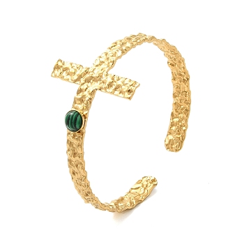 304 Stainless Steel Open Cuff Bangles, with Synthetic Malachite, Jewely Textured Bangles for Women, Real 18K Gold Plated, Cross, Inner Diameter: 2-1/8x2-1/8 inch(5.4x5.3cm)