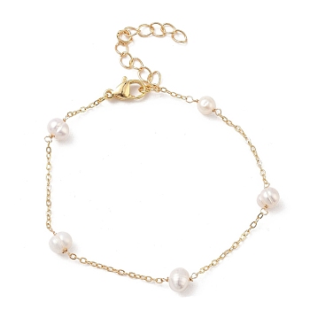 Natural Pearl Beaded Chain Bracelet, Brass Jewelry, Golden, 7-1/4 inch(18.5cm)