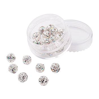 Brass Rhinestone Beads, Grade A, Silver Color Plated, Round, Crystal AB, 8mm, Hole: 1mm, 20pcs/box