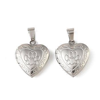 316 Stainless Steel Locket Pendants, with 304 Stainless Steel Snap on Bails Stainless Steel Photo Frame Charms, Heart with Paw Print Charms, Stainless Steel Color, 22.5x19.5x5.5mm, Hole: 7.5x4.5mm, Inner Diameter: 14.5x13.5mm