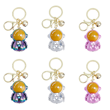 6pcs 3 Colors Acrylic Spaceman Pendant Keychain, with Light Gold Tone Alloy Findings and Sonance Brass Bell, Mixed Color, 9.6cm, 2pcs/color