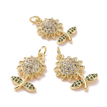 Brass Micro Pave Cubic Zirconia Pendants, with Jump Ring, Cadmium Free & Lead Free, Sunflower, Real 18K Gold Plated, 19.5x11.5x5mm, Hole: 3mm