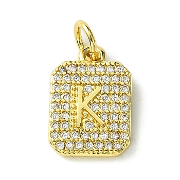 Rack Plating Brass Micro Pave Clear Cubic Zirconia Charms, Long-Lasting Plated, Lead Free & Cadmium Free, Rectangle with Letter Pattern, with Jump Ring, Real 18K Gold Plated, Letter K, 14x9.5x2mm, Hole: 3mm