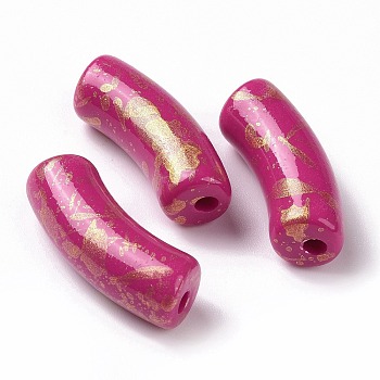 Opaque Acrylic Beads, with Glitter Powder, Curved Tube, Medium Violet Red, 34.5x13.5x11.5mm, Hole: 3.1mm