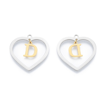 201 Stainless Steel Pendants, Hollow, Heart with Letter A~Z, Real Gold Plated & Stainless Steel Color, Letter.D, 29x29.5x1mm, Hole: 2mm, A~Z: 12x8~10.5x1mm