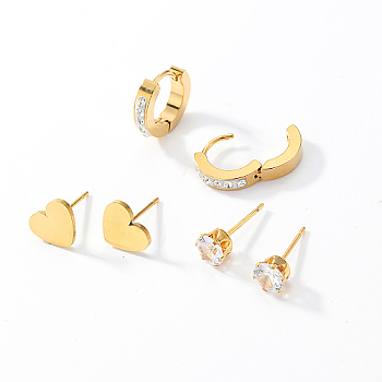 Random Style Stainless Steel Huggie Hoop Earring & Stud Earring Sets, Jewelry for Women, Real 18K Gold Plated, Heart, 7~10x7~10mm