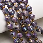 Electroplated Natural Druzy Geode Crystal Beads Strands, Faceted, Round, with Seed Beads, Purple, 10mm, Hole: 1.5mm, about 15pcs/strand, 7.64''(19.4cm)(G-F833-P01-10mm-02)