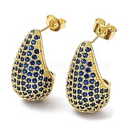 Cubic Zirconia Teardrop Stud Earrings, Real 16K Gold Plated Brass Earrings for Woman, Dark Blue, 20x12mm(EJEW-H137-01G-04)