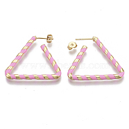 (Jewelry Parties Factory Sale)Brass Stud Earrings, with Enamel and Earring Backs, Triangle, Real 18K Gold Plated, Pearl Pink, 35x31x3mm, Pin: 0.7mm(EJEW-S209-16E)