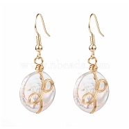 Wire Wrapped Natural Baroque Pearl Keshi Pearl Dangle Earrings, with Brass Earring Hooks, Flat Round, Antique White, Real 18K Gold Plated, 40mm, Pin: 0.7mm(EJEW-JE04506-02)