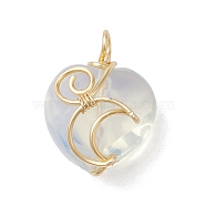 Opalite Copper Wire Wrapped Pendants, Faceted Heart Charms with Moon, Golden, 20~21x15x9~10mm, Hole: 2.2~2.5mm(PALLOY-JF02599-01)