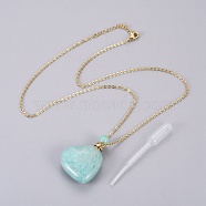 Natural Amazonite Openable Perfume Bottle Pendant Necklaces, with Stainless Steel Cable Chain and Plastic Dropper, Heart, 50~55cm, Bottle Capacity: 0.15~0.3ml(0.005~0.01 fl. oz), 2mm(G-K295-A04-G)