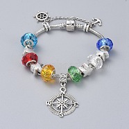 Brass European Bracelets, with Handmade Glass Rondelle Beads, Tibetan Style Alloy Star Beads and Tibetan Style Alloy Charms, Compass & Helm & Anchor, Colorful, 7-1/2 inch(19cm)(BJEW-JB04787)