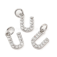 Brass Micro Pave Grade AAA Cubic Zirconia Charms, Letter U, Cadmium Free & Nickel Free & Lead Free, Real Platinum Plated, 9x6x1.5mm, Hole: 2mm(ZIRC-P067-11P-U-NR)