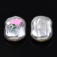ABS Plastic Imitation Pearl Beads, with Enamel, Oval with Flower, Pearl Pink, 21x15x7~8mm, Hole: 1.2mm(KY-N015-93)