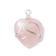 Natural Rose Quartz Pendants, with Silver Tone Copper Wire Wrapped, Heart, 39~41x30~30.5x8.5~9.5mm, Hole: 4~4.2mm(PALLOY-JF01663-08)