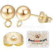 50Pcs 304 Stainless Steel Stud Earring Findings, Ball Stud Earring Post, with Horizontal Loops and Ear Nut/Earring Backs, Real 24K Gold Plated, 9mm, Hole: 1.8mm, Pin: 0.8mm(STAS-BBC0001-90)