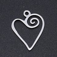 304 Stainless Steel Pendants, Laser Cut Pendants, Heart, Stainless Steel Color, 17x13.5x1mm, Hole: 1.5mm(A-STAS-T054-JN770-1)