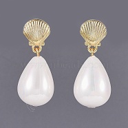 Shell Pearl Bead Dangle Earrings Studs, with Alloy Stud Earring Findings and Cardboard Boxes, Golden, 31~32mm, Pendant: 21x13mm, Pin: 0.7mm(EJEW-JE03071-01)