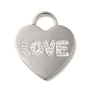 304 Stainless Steel Rhinestone Pendants, with Polymer Clay, Heart with Word Love Charms, Stainless Steel Color, 28x23.5x2.5mm, Hole: 7.5x7mm(STAS-M311-06P)