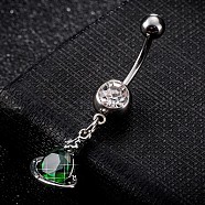 Piercing Jewelry, Brass Cubic Zirconia Navel Ring, Belly Rings, with 304 Stainless Steel Bar, Cadmium Free & Lead Free, Planet, Platinum, Dark Green, 39x12mm, Bar: 15 Gauge(1.5mm), Bar Length: 3/8"(10mm)(AJEW-EE0003-02G)