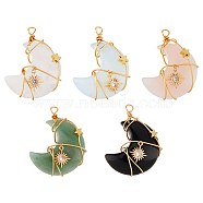 SUPERFINDING 5Pcs Natural & Synthetic Gemstone Copper Wire Wrapped Pendants, Moon Charm, with Brass Clear Cubic Zirconia, Real 18K Gold Plated, 43~44x30.5~31x10.5~11.5mm, Hole: 4~5mm(FIND-FH0005-54)