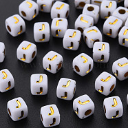 Opaque White Acrylic Beads, Metal Enlaced, Cube with Letters, Letter.J, 4.5mm, Hole: 2mm, about 5000pcs/500g(MACR-Q242-010J)