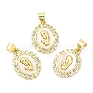 Brass Pave Cubic Zirconia  Pendants, with Shell, with Jump Ring, Long-Lasting Plated, Lead Free & Cadmium Free, Oval, Real 18K Gold Plated, 19x14x3mm, Hole: 4.5x3.5mm(KK-Z028-17G)