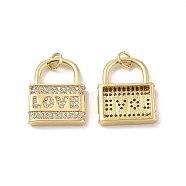 Brass Micro Pave Clear Cubic Zirconia Pendants, with Jump Ring, Lock with Word Love, Real 18K Gold Plated, 20x16x3.5mm, Hole: 3.2mm(KK-E068-VF344)