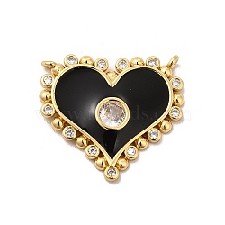 Rack Plating Brass Micro Pave Clear Cubic Zirconia Connector Charms, Heart Links with Enamel, Cadmium Free & Lead Free, Real 18K Gold Plated, Long-Lasting Plated, Black, 19.5x21.5x2mm, Hole: 1mm(KK-P230-05G-02)