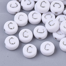 Plating Acrylic Beads, Silver Metal Enlaced, Horizontal Hole, Flat Round with Letter, White, Letter.D, 7x4mm, Hole: 1.2mm(X-PACR-R243-04C)