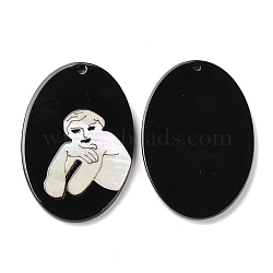Opaque Smiling Human Pattern Acrylic Pendants, with Shell, Black, Oval, 39.5~40x26.5~27x2.4mm, Hole: 1.8mm(BACR-D001-01E)