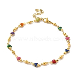 304 Stainless Steel Anklet, Enamel Colorful Heart for Women, Golden, 9-1/8 inch(23cm)(AJEW-B026-03G)